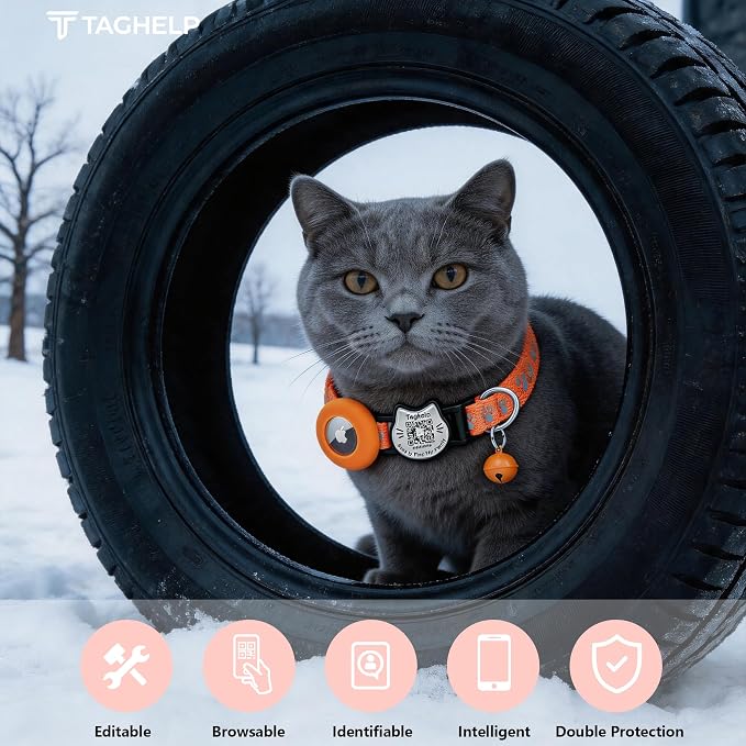 Cat Collar with AirTag Holder, QR Code Tag and Bell (Orange, Paw)