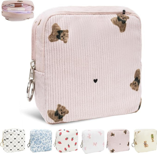 Period Bag for Girls, Corduroy Period Kit with Sanitary Pad Pouch, Menstrual Storage Bag and Tampon Holder for Purse, Girls School Essentials,Feminine Care Organizer(Pink Bear)