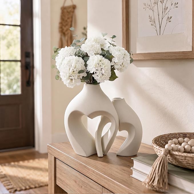 White Ceramic Flower Vase Home Table Decor Heart Shaped Vase Set of 2 | Boho Heart Shaped Minimalist Decorative Vases for coffee Table Centerpiece Wedding Dining Living Room Office House Decoration