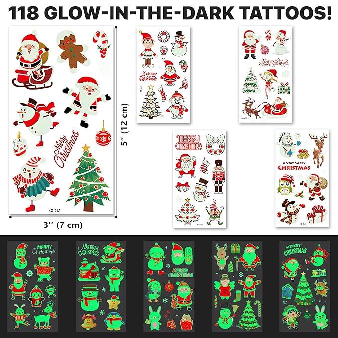 X-Protector Сhristmas Tattoos for Kids - 10 Sheets of Temporary Tattoos - Fake Сhristmas Tattoos Gifts - Glow in the Dark Stickers - Bulk Christmas Stocking Stuffers for Kids!