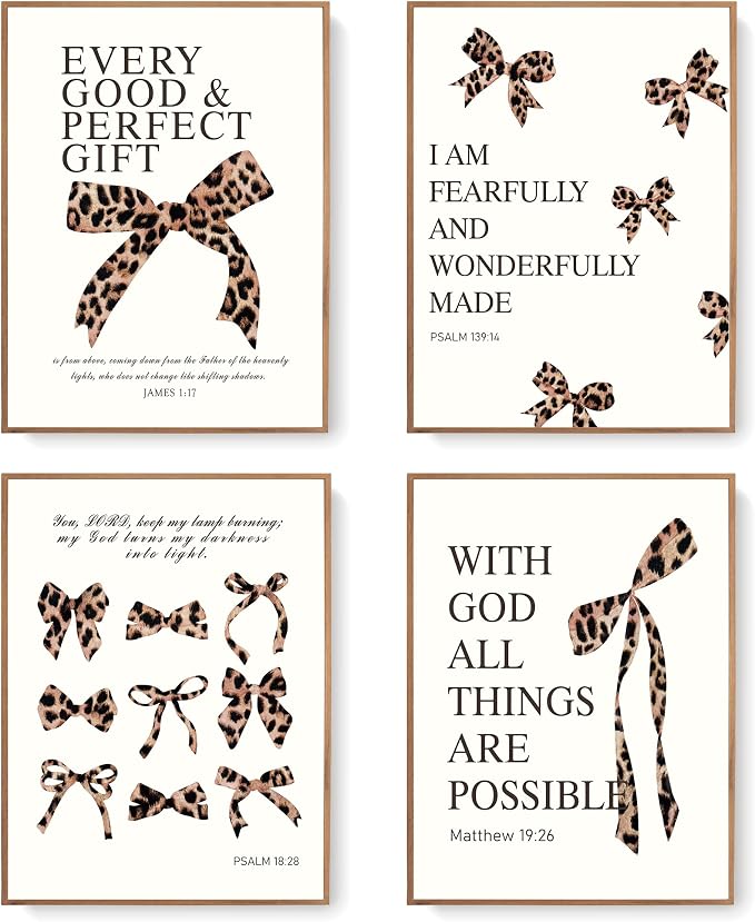 LARTSFRO Coquette Leopard Bow Wall Art Decor Posters, Y2K Cheetah Leopard Bow Room Bedroom Bathroom Dorm Wall Art Decor Aesthetic for College Teen Girls Gifts, Inspirational Bible Verses Bow Wall Decor, 12x16Inch Set of 4 Pcs Cheetah Bow Pictures (UNFR...
