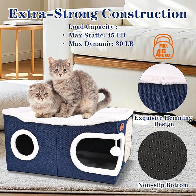 Extra Large Cat Beds for Indoor Cats, Covered Cat Cave Beds & Furniture with Scratch Pad and Fluffy Ball, Foldable Cat Condo Hideaway with Reversible Cushion for Multi Small Pet Large Kittens, Blue