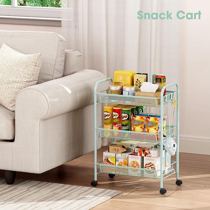 TOOLF 3 Tier Rolling Cart, Metal Utility Storage Cart with Wheels, Green | 3 Hooks, Screwless Assembly, Trolley Organizer for Bathroom, Kitchen, Office, Nursery, Dorm, Laundry Room