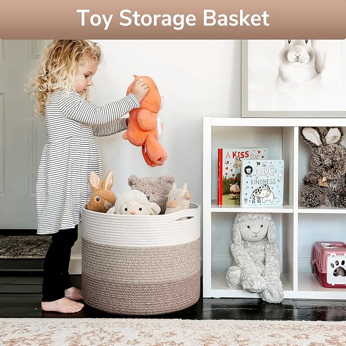 Goodpick Woven Basket for Blankets & Toys, Nursery & Living Room Decor, 45L | 15.8 x 15.8 x 13.8 In Baby Toy Storage Basket for Nursery, Blanket Basket for Living Room, Toy Bin, Light & Brown