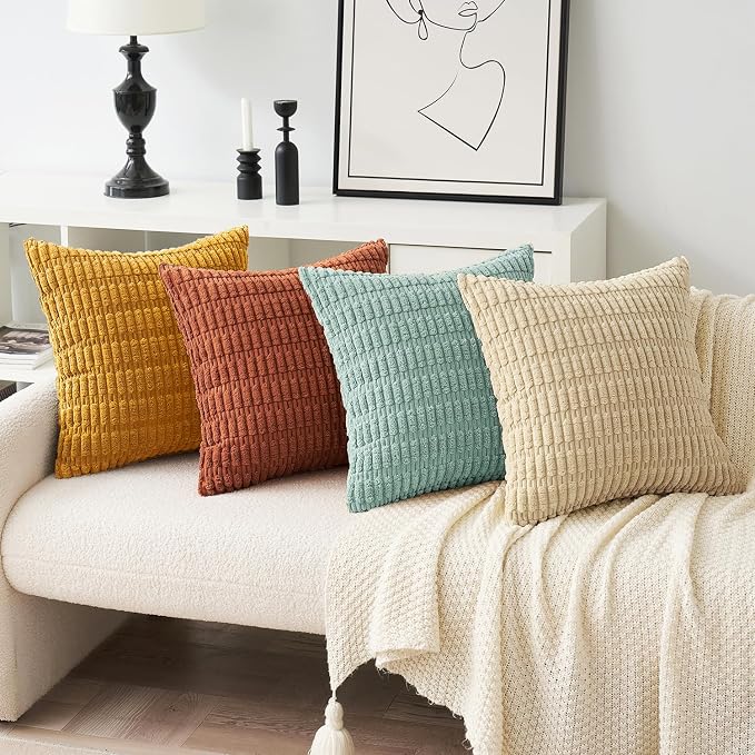 MIULEE Pack of 4 Corduroy Decorative Throw Pillow Covers 18x18 Orange Teal | Neutral Rustic Farmhouse Boho Soft Striped Pillow Covers,Home Decor for Sofa,Living Room,Couch,Bed