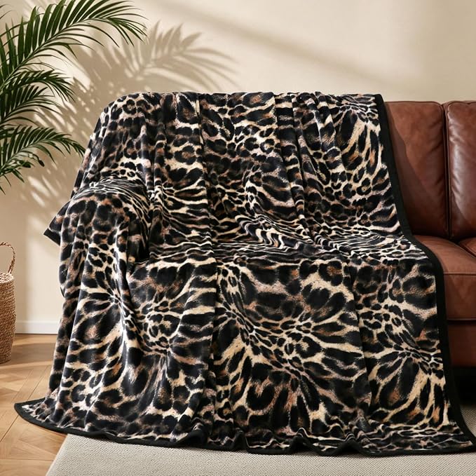 PU MEI King Size Leopard Fleece Blanket, Super Soft Cozy Black Cheetah Print Blanket for Couch Bed, All Seasons 90"x108"