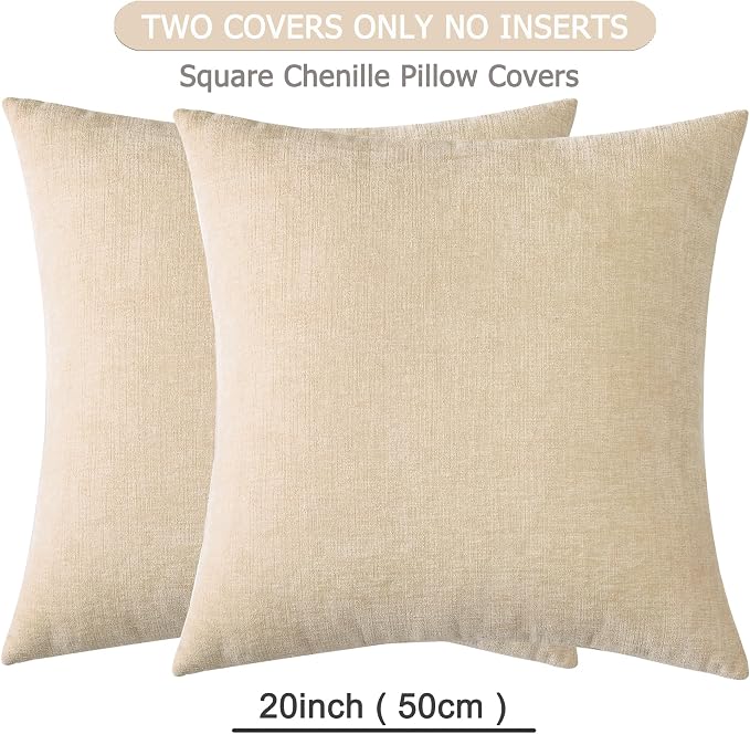 GAWAMAY Decorative Couch Throw Pillow Covers 20x20 Inch Set of 2 Beige | Soft Chenille Farmhouse Style, Hidden Zipper, Neutral Cushion Pillowcases for Sofa Living Room Bed, Only Covers