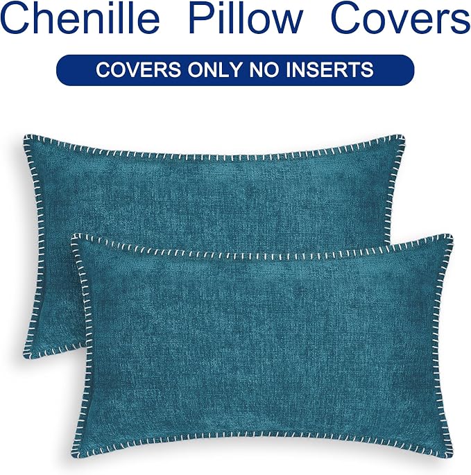 CaliTime Decorative Couch Throw Pillow Covers 20 X 12 Inches Ocean Blue | Pack of 2, Cozy Chenille Cushion Cases, Cotton Thread Stitching Edges, for Sofa Bed Living Room Farmhouse