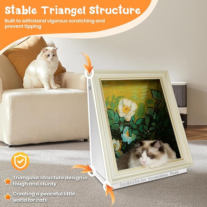 Mona Lisa Cat Bed Painting Cat Scratcher for Indoor Cat Scratching Board Pad, W/Horizontal CartBoard Cat Scratcher Bed House Half-Surround Design W/Catnip (Field with Cypresses, Frame Pre-Taped)