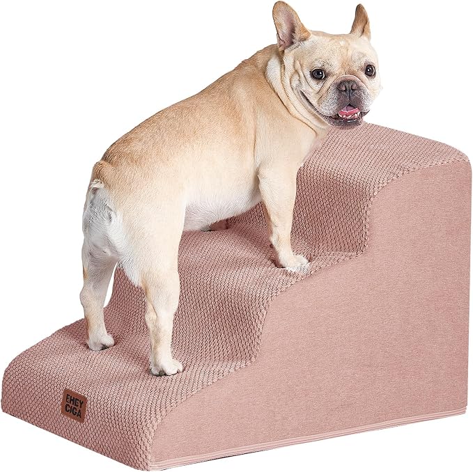 EHEYCIGA Curved Dog Stairs Ramp, 3-Step Dog Steps, 15.7" H Pet Step | 33D density of pure foam, for Small Dogs and Cats, Pet Stairs for High Bed Climbing, Non-Slip Balanced Indoor, Dusty Pink