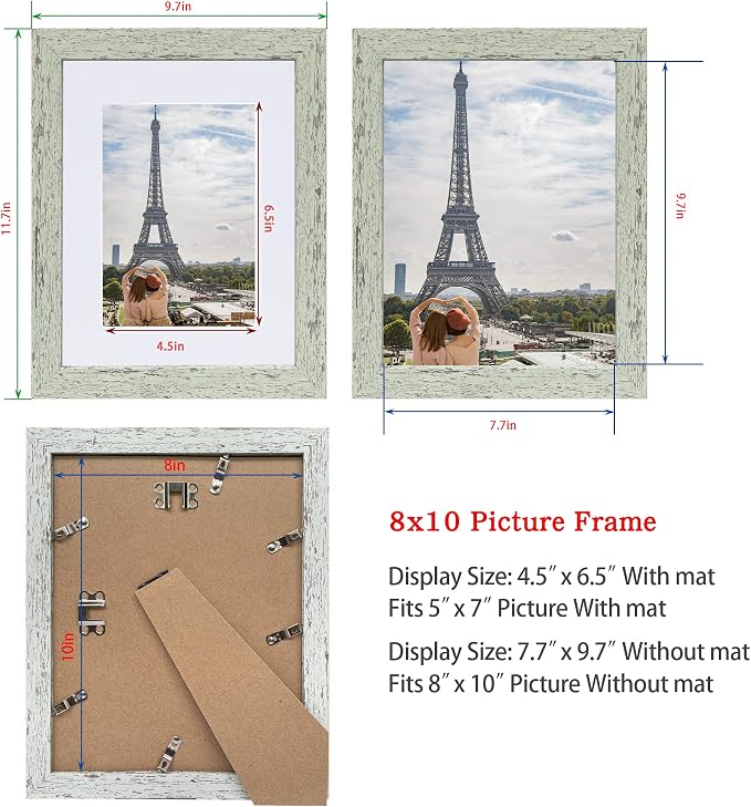Hongkee 8x10 Picture Frame Set of 4, Made of Real Glass and Sage Green Wooden Frame, 8 by 10 Photo for Wall or Tabletop - Display Picture 5x7 with Mat or 8x10 Without Mat