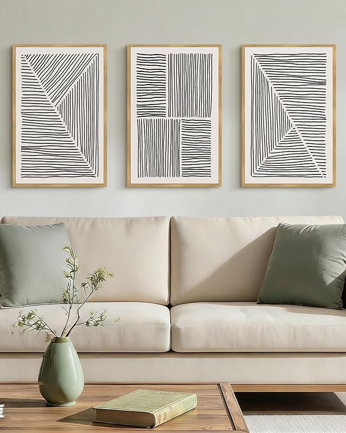 Drsoum Mid-Century Modern Framed Wall Art Large 16x24in Minimalist Abstract Boho Black Line Wall Decor Geometric Artwork Kitchen Dining Room Natural Framed