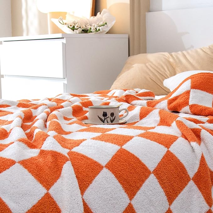 SeaRoomy Fuzzy Checkered Throw Blanket for Couch,Orange 51"X63" | Warm,Cozy,Fluffy,Lightweight,Gift for Women Couch Sofa Bed Room Home Decor