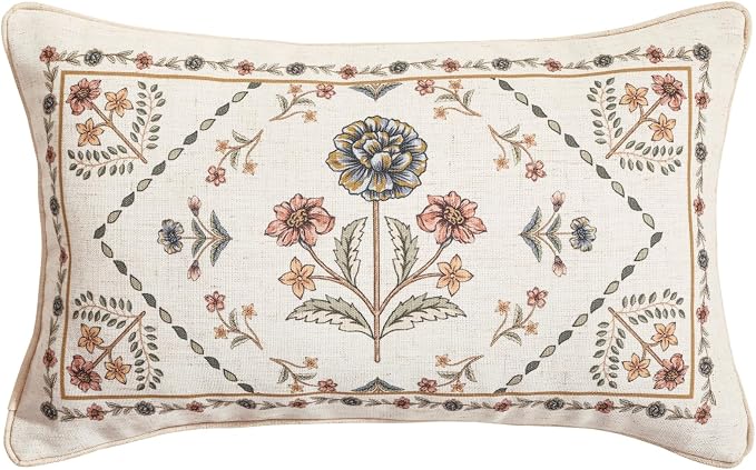 Designer Vintage Linen Throw Pillow Cover,20"x12"-Cornucopia B | Elegant French Rectangle Pillow Cover,Concealed Zipper Design,Floral Pattern,Sofas,Bedroom,Living Room,Lounge Chairs