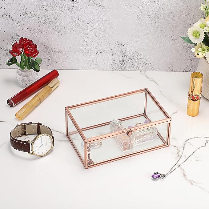 Hipiwe Vintage Glass Keepsake Box Rectangle Jewelry Display Organizer Lidded Box Home Decor Glass Decorative Box for Trinket Rings Earrings Bracelet, Rose Gold, Small