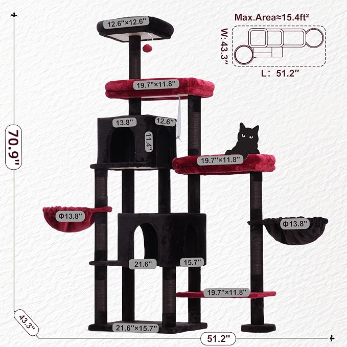 Hey-brother Cat Tree Tower with Stable Extended Base, 3 Platforms, MPJ038BR | 70.9 Inches Multi-Level Sisal Scratching Posts, Wide Bed, 2 Cozy Condos, 2 Hammocks, Toy Balls for Indoor Cats, Black and Red