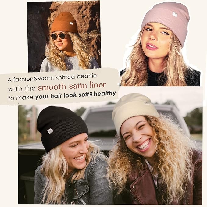 YANIBEST Satin Lined Beanie for Women Reduce Frizz Winter Hats for Women Men Silk Lining Soft Slouchy Warm Cuffed Less Static