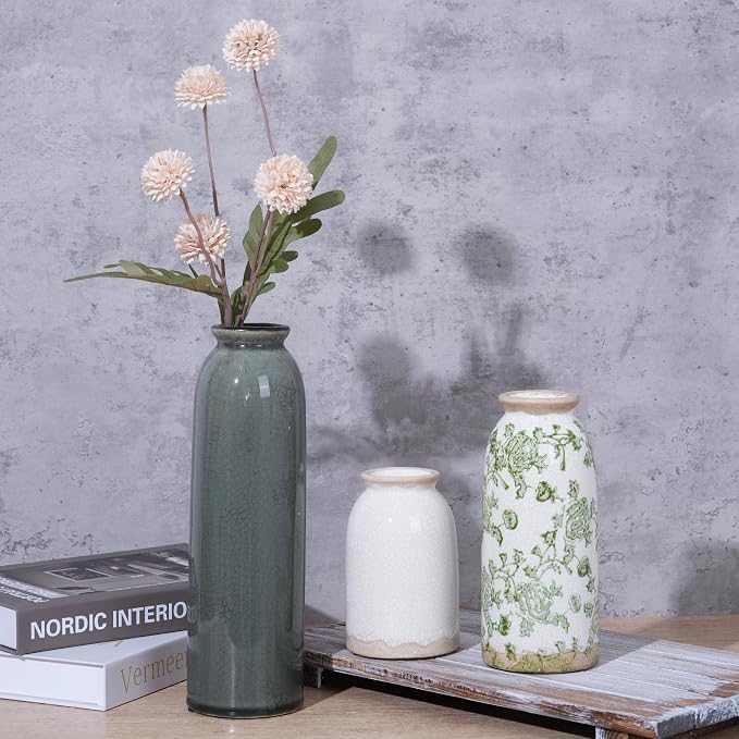Vintage Ceramic Vase Set of 3, Flower Small Chinoiserie Vase Rustic Modern Farmhouse Centerpiece Decorative Pottery Vases for Table Mantel Entryway Bookshelf Living Room Kitchen Home Decor