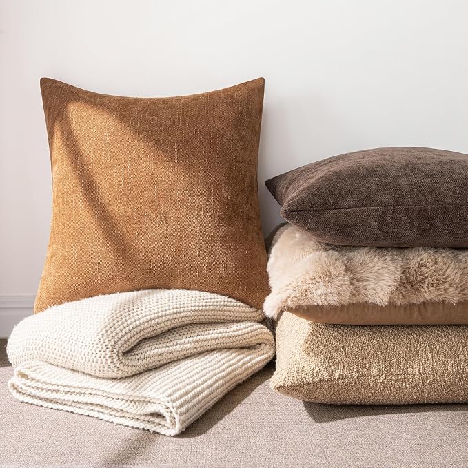 MIULEE 24x24 Inch Euro Textured Chenille Throw Pillow Covers Brown | Pack of 2 Decorative Soft Throw Pillows,Solid Textured Cushion Covers,Modern Home Decor for Bed Couch Sofa Bedroom Livingroom