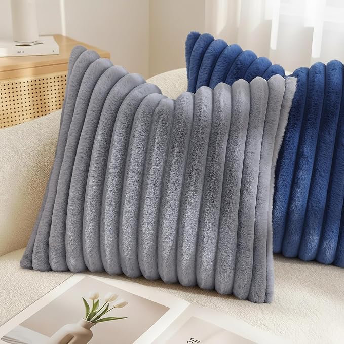 decorUhome Fall Faux Fur Throw Pillow Covers 18x18 Set of 2 Grey | Decorative Soft Cozy Striped Plush Modern Farmhouse Boho Couch Pillow Cases Velvet Back for Sofa Bed Living Room Home Decor