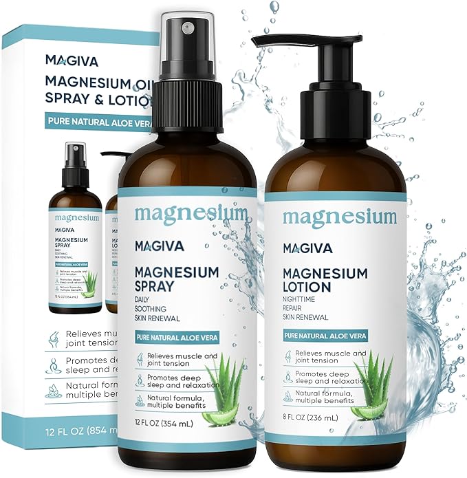 Magiva Magnesium Oil Spray 12 oz + Body Massage Lotion Set 8 oz, Pure Topical Magnesium with Aloe Vera, Supports Muscle Relaxation & Joint Comfort ＆Everyday Body Care