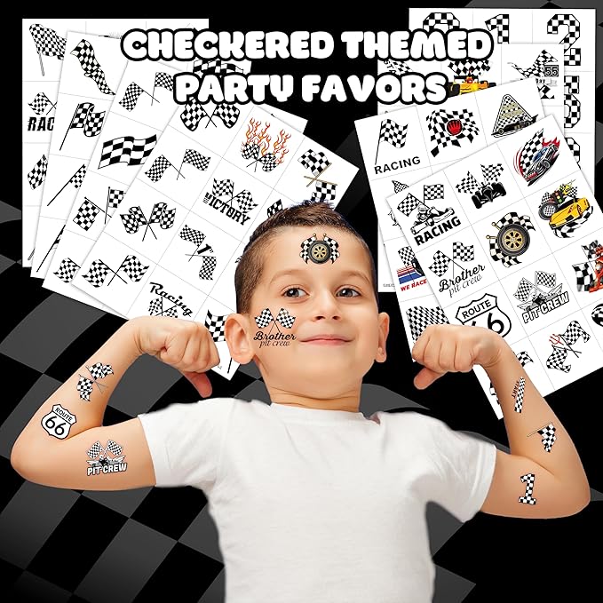 96 PCS Funny Race Car Checkered Flag Pre-Cut Black and White Temporary Tattoos Sticker Birthday Party Decorations Supplies Favors Gifts Boys Girls Men Cute Racing Fake Tattoo School Prizes (Normal)
