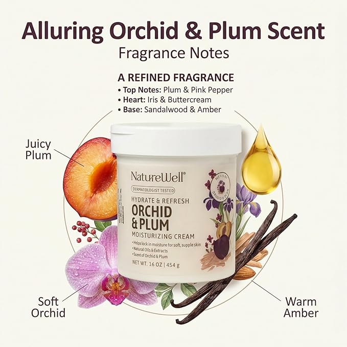 NATURE WELL Orchid & Plum Hydrate & Refresh Moisturizing Body Cream, Infused with Natural Oils & Extracts, Non-Greasy, Lightweight Texture, Helps Lock in Moisture for Soft, Silky, & Supple Skin,16 Oz
