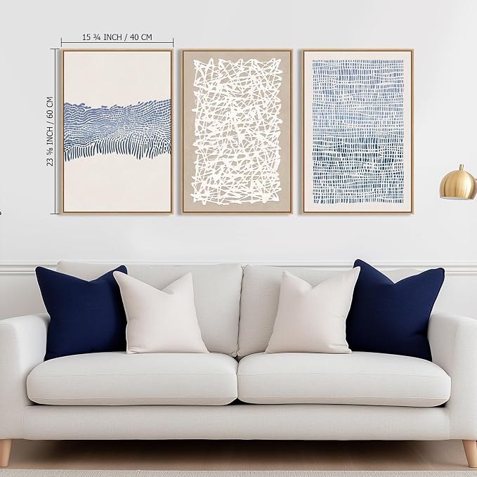 SAFERRYHOME Blue Neutral Contrast Abstract Boho Wall Art,3 Panels 16"x24" | Modern Abstract Framed Canvas Print Set, Mid Century Modern Minimalist Lines Geometric Pattern for Living Room,Bedroom,Office