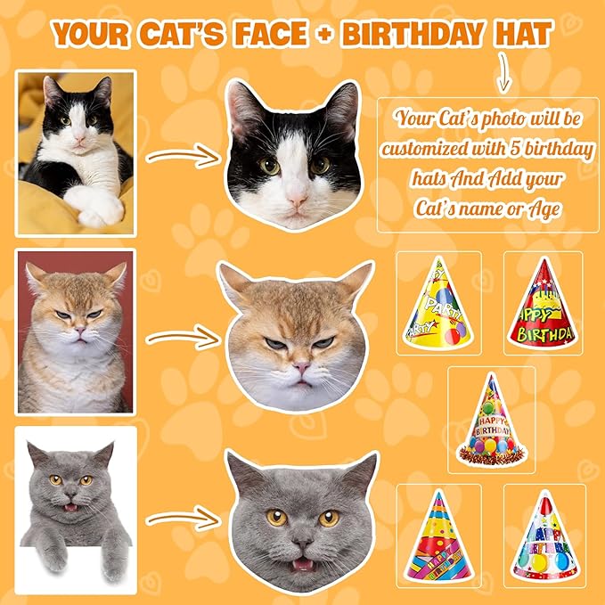Custom Cat Face Temporary Tattoos - Personalized Pre-Cut Photo Cat Face Tattoos with Birthday Hat and Cat Name or Text - Funny Party Favors for Birthday, Cat Lovers - Set of 20 Unique Gifts