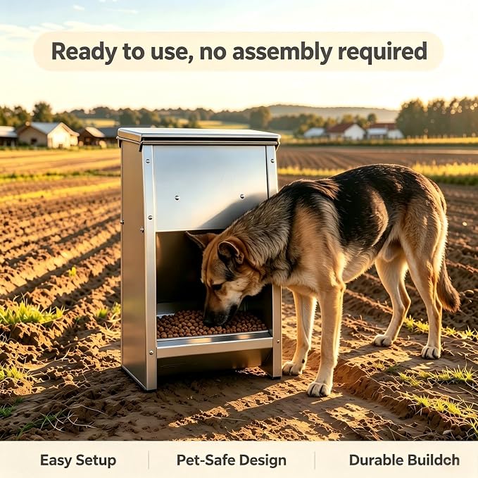 25 LBS Automatic Dog Feeder, Galvanized Steel Outdoor Pet Food Dispenser | Designedfor convenient pet care with a sturdymetal build,spacious storage ＆ a practical feeding solution for daily routines.