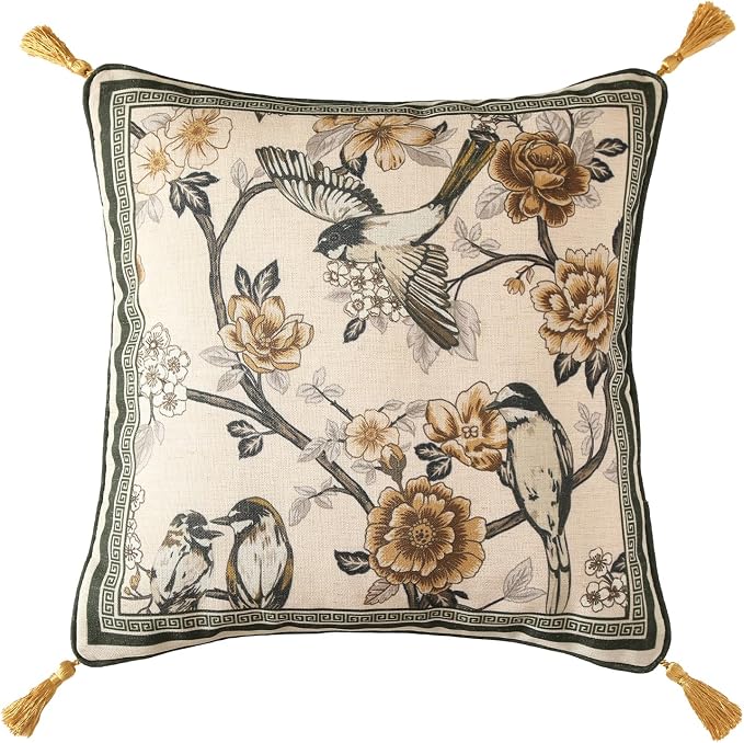 Vintage Elegant Linen Square Throw Pillow Cover,18"x18"-Murad A | Designer French Decor Pillow Cover,Concealed Zipper Design,Floral and Bird Pattern,Sofa,Bedroom,Living Room,Lounge Chairs