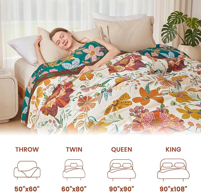 MSGKV Summer Throw Blanket 60"x80" 100% Cotton Woven Muslin for Couch & Bed | 100% Cotton Muslin Throw, Breathable Woven Quilt, Boho Vintage Style, All Season Comfort, Soft & Lightweight, Farmhouse Decor