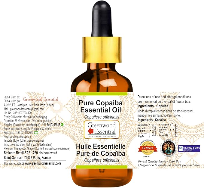 Greenwood Essential Pure Copaiba Essential Oil (Copaifera officinalis) with Glass Dropper Steam Distilled 30ml (1.01 oz)