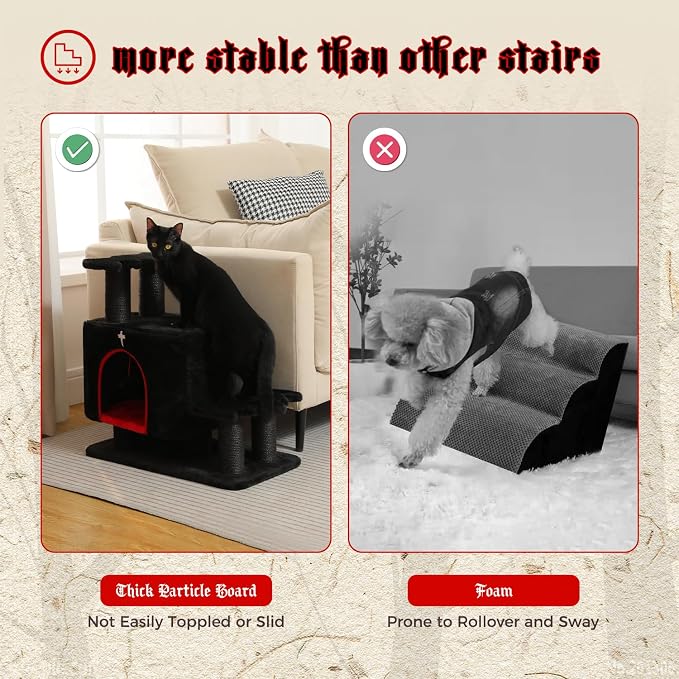 Gothic 3-in-1 Cat Stairs with Scratching Post & Condo, Pet Steps | Pet Steps for High Beds, Sofa, Couch, Tall Cat Tower, High-Strength Boards for Indoor Small Cats Kittens Dogs Climbing Play