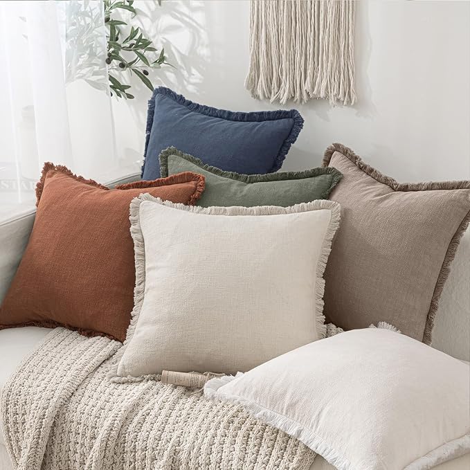 MIULEE Boho Linen Fringe Decorative Fall Throw Pillow Covers Dune 18x18 | Set of 2, Cottagecore Decor, Boho Farmhouse Neutral Pillow Covers, Rustic Fall Couch Cushion Cases for Sofa Bed Living Room
