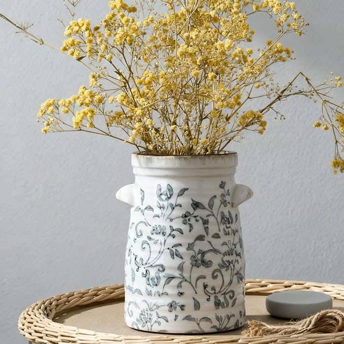 SIDUCAL Ceramic Gray and White Vase with 2-Ear, 8 Inch Ice Cracked Vintage Pastoral Vase, Rustic Farmhouse Vases for Home Decor, Table, Living Room, Shelf Decor, Chinoiserie Decor, Gray Floral Pattern