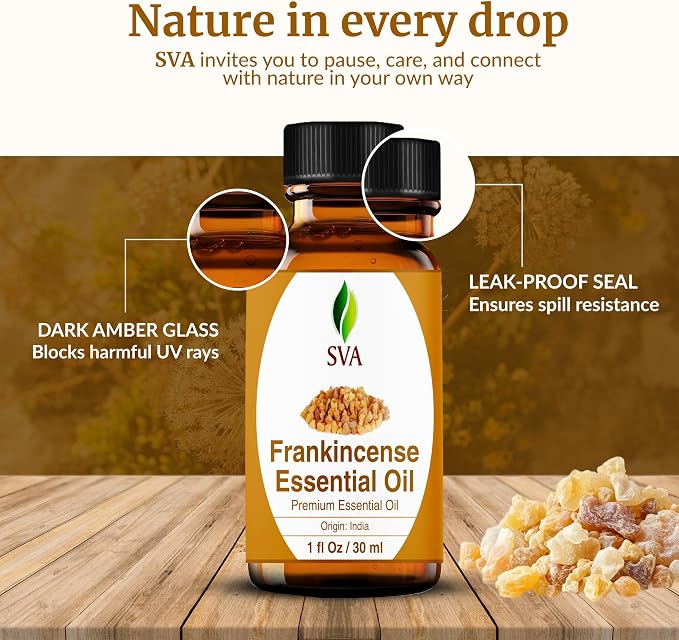 SVA Frankincense Essential Oil – 1 Fl Oz – for Diffuser, Skin & Hair Care – Ideal for Massage & DIY Blends – with Dropper