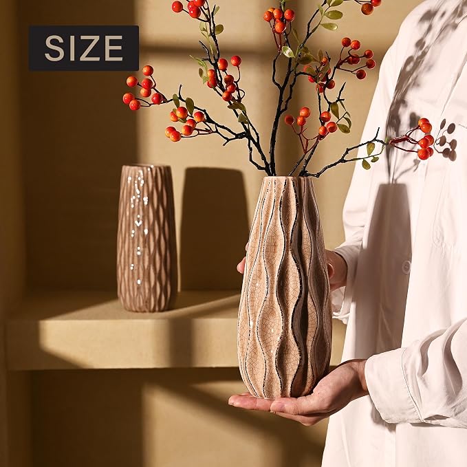 VICTOR & TERESA Ceramic Vase for Flowers, 10'' Set of 2 Decorative Rustic Beige Vases for Home Decor, Farmhouse Vases for Pampas Grass, Table, Mantel, Living Room, Shelf, Centerpieces, Gifts for Mom