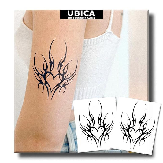 Sexy Heart Belly Tramp Stamp Semi Permanent Temporary Tattoos, Long Lasting Tribal Arm Thigh Chest Waist Fake Tattoos for Women, Realistic, Waterproof and Non-Reflective, 2 Sheets