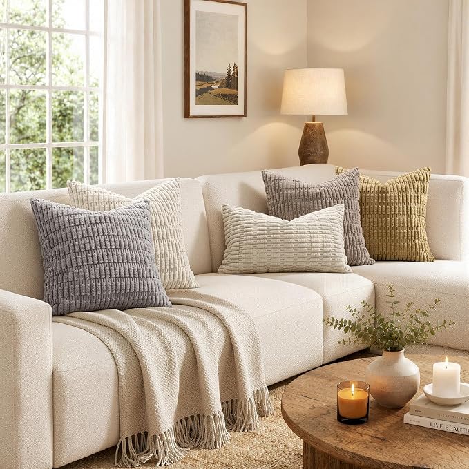 MIULEE Euro Sham Decorative Throw Pillow Covers 26x26 Cream White Pack of 2 | Soft Corduroy Boho Striped Pillow Covers Modern Farmhouse Home Decor For Sofa Living Room Couch Bed