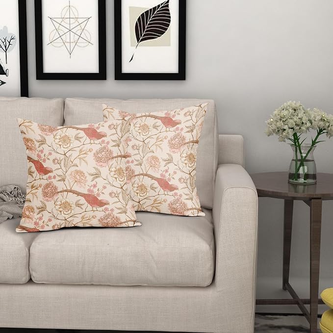 Pink White Roses Floral Pillow Covers 18X18 Inch Set of 2 Retro Flowers Birds Leaves Decorative Pillow Cases Art Vintage Cotton Linen Cushion Case Retro Home Decor for Sofa Couch Porch Outdoor