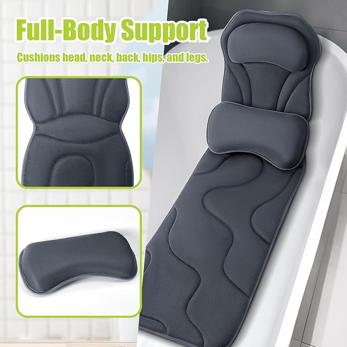 Bathland Full Body Bath Pillow for Tub - Extra Long & Thick Tub Pillow with Head, Back & Lumbar Support, 168 Non-Slip Suction Cups, Soft 5D Mesh Spa Cushion, Fits All Tubs-Gift for Soaking(Gray)