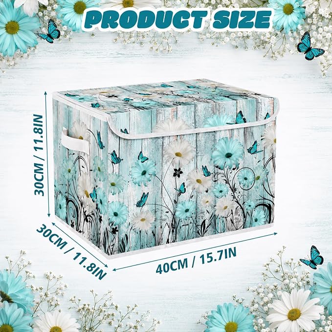 Briwooody Blue Daisy Storage Bin with Lid and Carrying Handle Floral Butterfly Foldable Storage Box Large Farmhouse Decorative Collapsible Container Basket for Organizing Closet Home Bedroom Gift