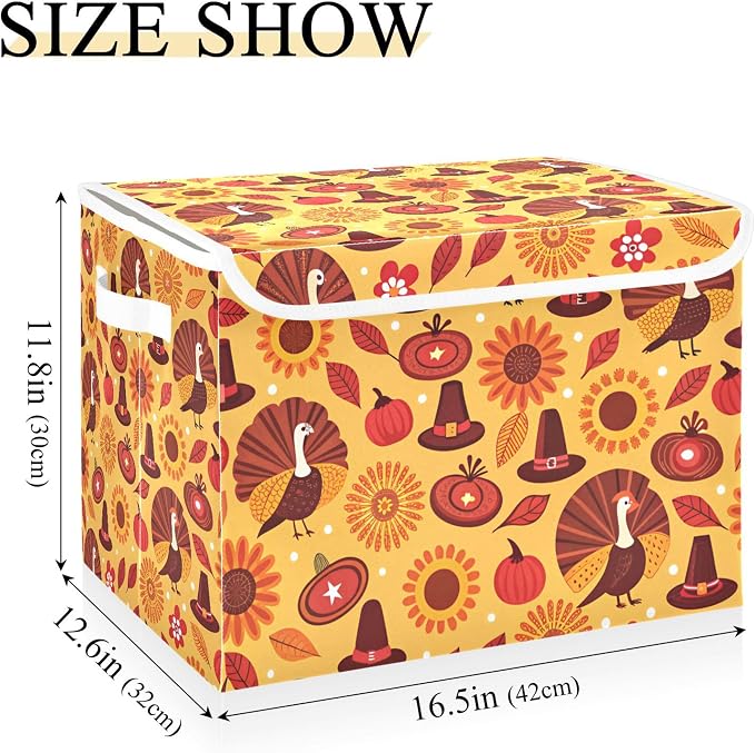 Thanksgiving Sunflower Turkey Storage Bins with Lids and Carrying Handle,Foldable Storage Boxes Organizer Containers Baskets Cube with Cover for Home Bedroom Closet Office