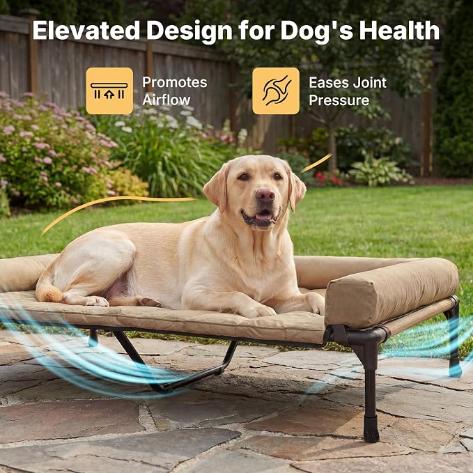 Veehoo Outdoor Elevated Dog Bed with Waterproof Bolster Cushion, Cooling | Raised Dog Bed with Removable & Washable Mat Topper, Breathable Mesh, Dog Couch Cot for Indoor Outdoor, 53", Large, Beige