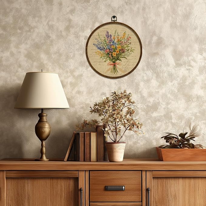 Vintage Floral Round Wall Art Decor,Retro Flower Wall Art Decoration, Watercolor Wildflower Botanical Canvas Print with Frame,Farmhouse Decor for Bedroom Living Room Gallery Space10"x10" (Letter Flowers-01)