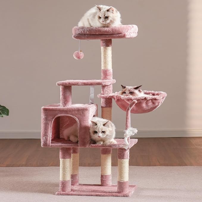 Heybly Cat Tree with Toy, 43.3 inch Cat Tower condo for Indoor Cats, Cat House with Padded Plush Perch, Cozy Hammock and Sisal Scratching Posts, Skin Pink HCT004SP