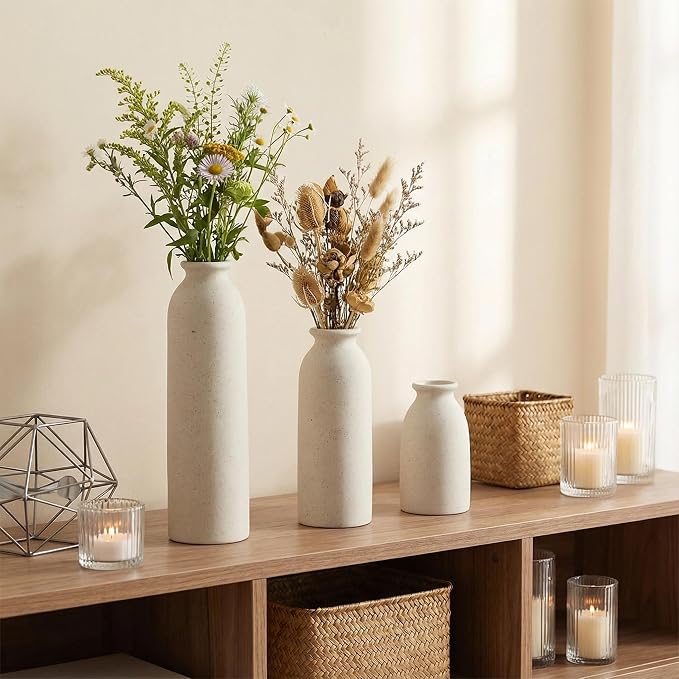 CEMABT Beige Ceramic vase Set-3 Flower vases for Decor,Modern Boho Farmhouse Home Decor,Decorative vase for Pampas Grass&Dried Flowers,idea Shelf,Table,Bookshelf