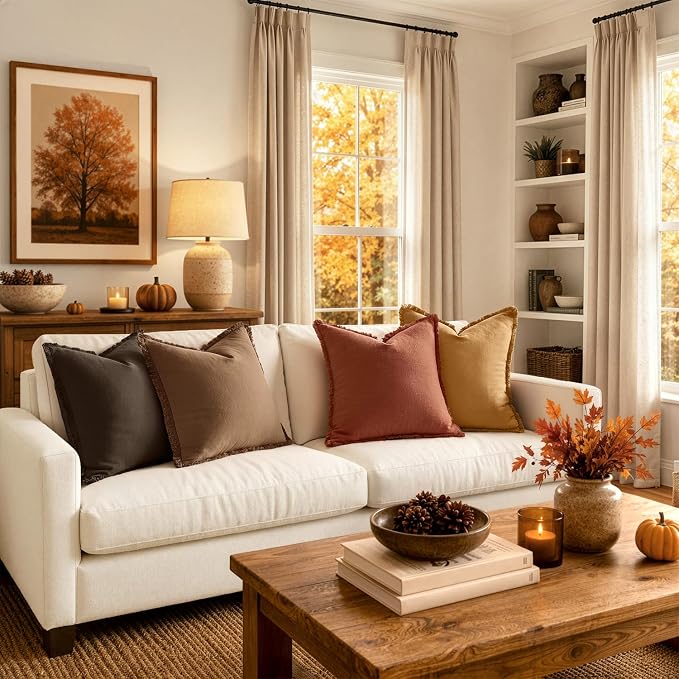 MIULEE Fall Linen Fringe Pillow Covers Set of 4 18x18 Orange/Yellow | Boho Farmhouse Decorative Throw Pillow Covers, Neutral Soft Rustic Cushion Cases, for Couch Sofa Bed Living Room Home Decor