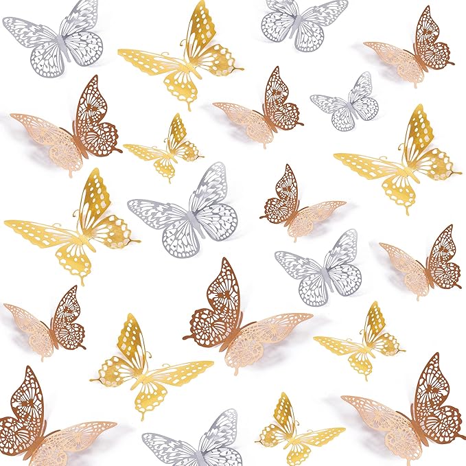 SAOROPEB 3D Butterfly Wall Decor, 72 Pcs 3 Styles 3 Sizes, Removable Metallic Wall Decor Sticker Room Mural Decals for Kids Bedroom Nursery Classroom Party Decoration Wedding Decor DIY Gift (3 Color) | 3 Styles 3 Sizes, Removable Wall Decor Sticker Roo...